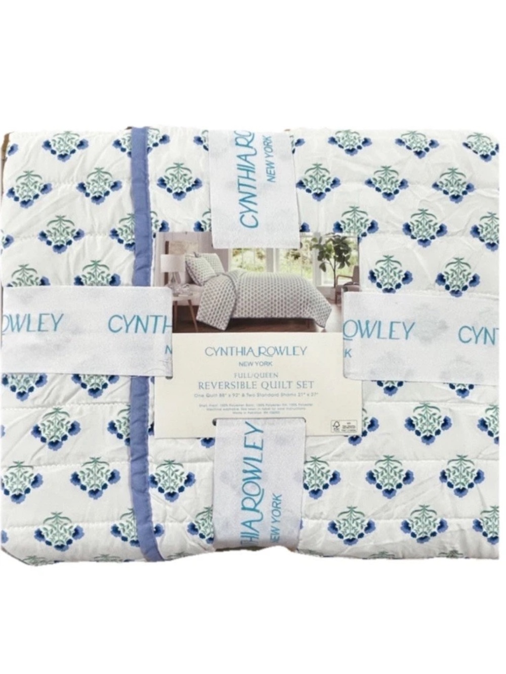 Cynthia Rowley Blue, White and Green Floral Reversible Queen Quilt Set 88”x92”
